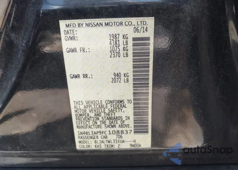 2015 Nissan Altima 3.5S/3.5Sv/3.5Sl from USA, damaged, VIN 1N4BL3AP9FC108837